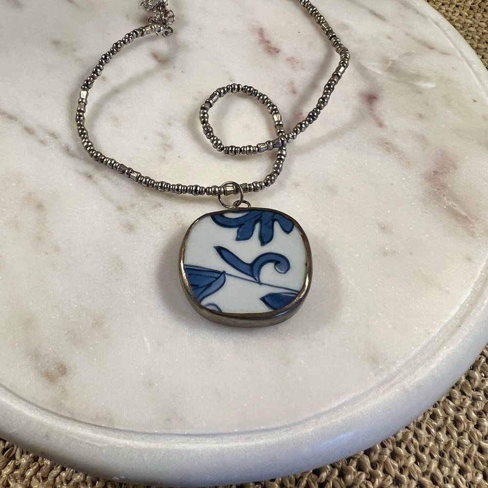 Antique Blue and Silver Pendant Necklace